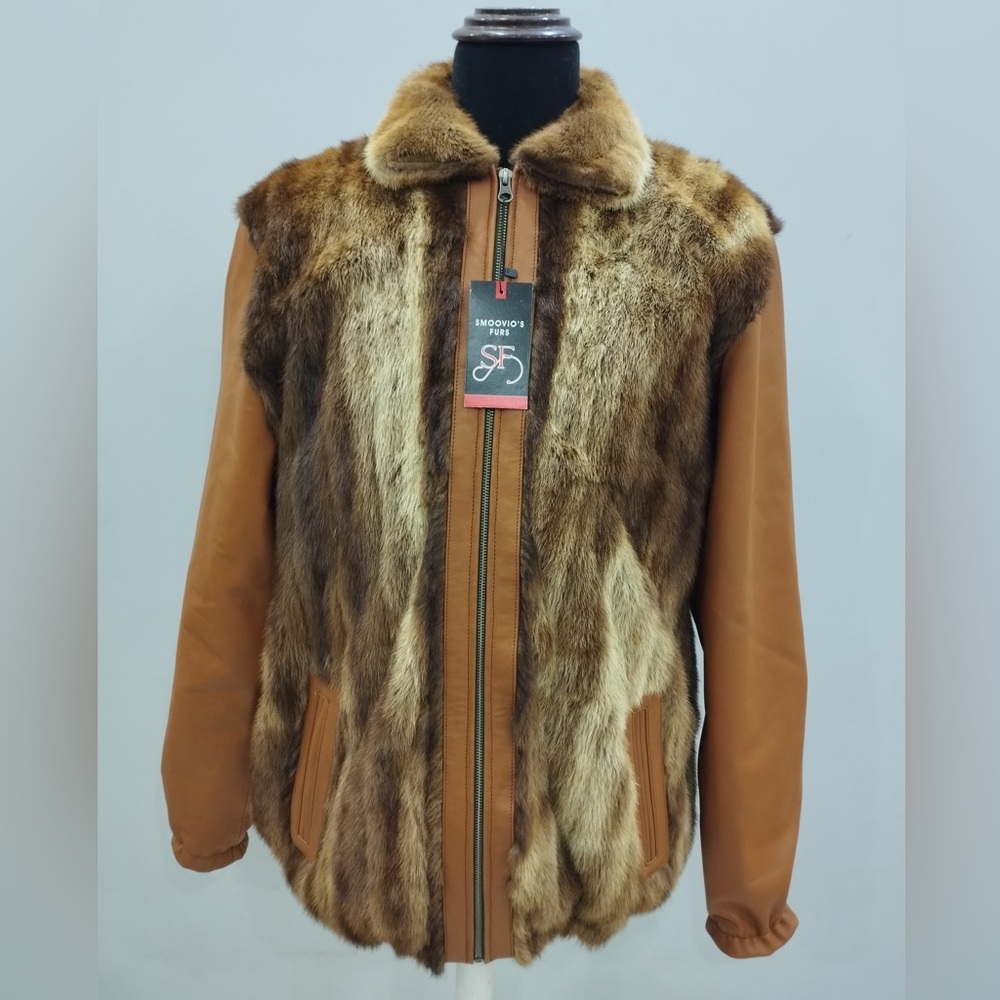 Men's Brown luxurious mink and leather bomber jacket.
